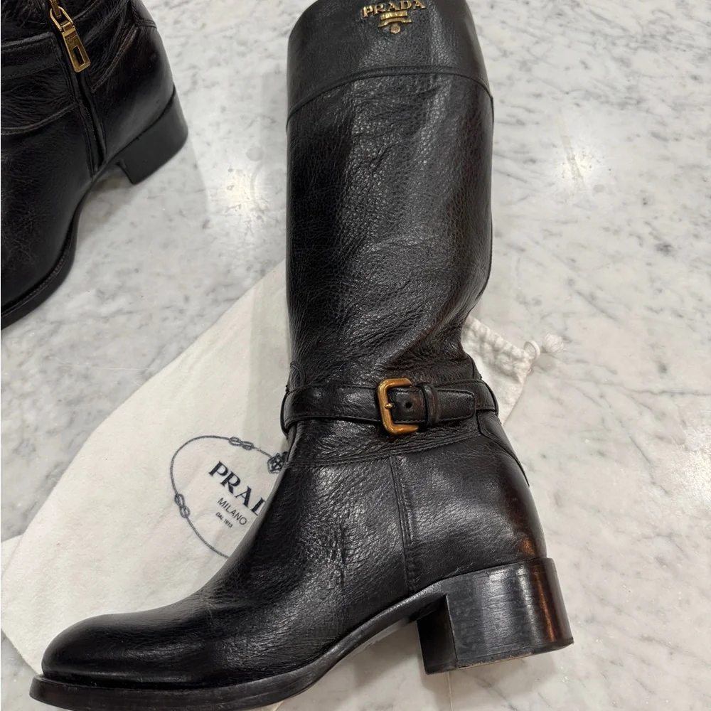 Prada Black Leather Tall Boots with Gold Logo Emblem - Picture 2 of 12